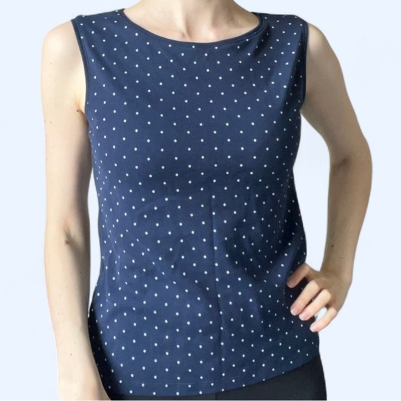 Karen Scott Womens Blue Sleeveless White Polka Dot Preppy Euro Summer Tank Top - Picture 2 of 7